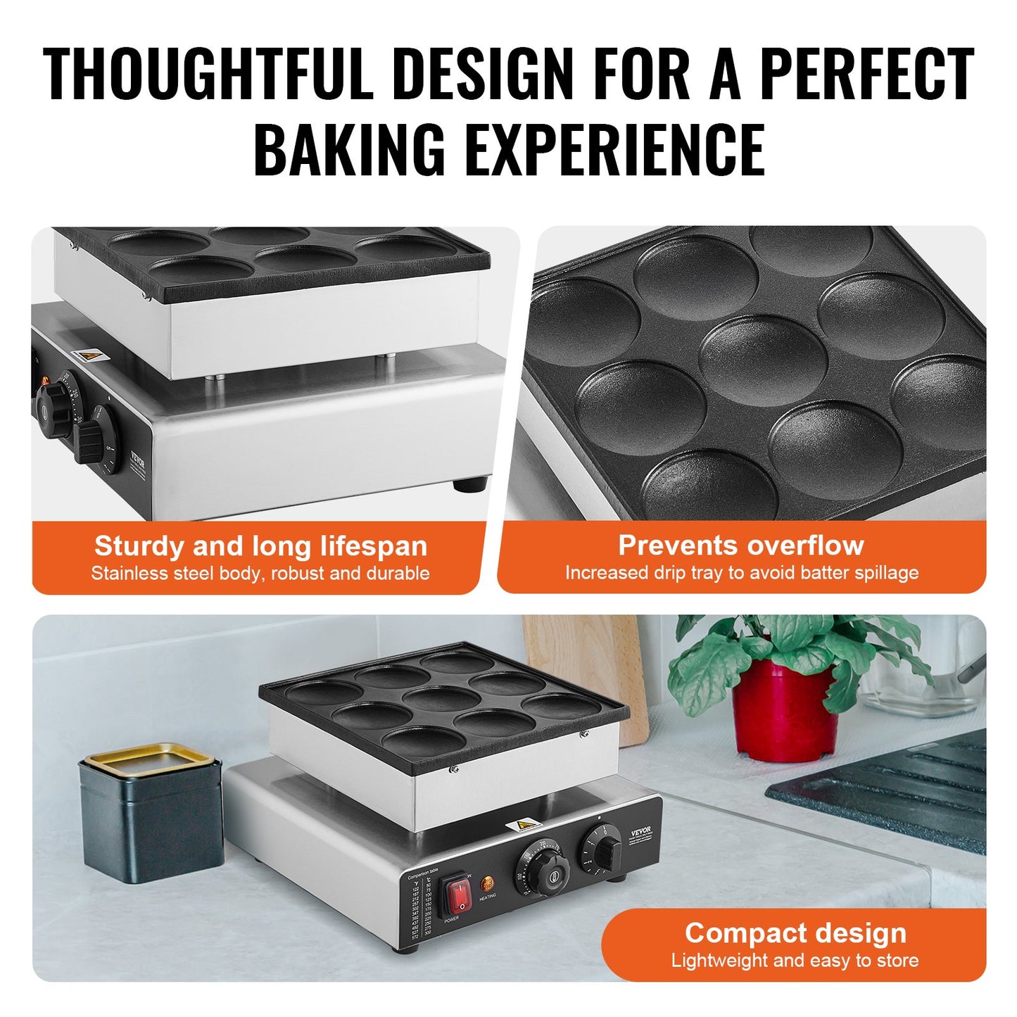 Commercial Dutch Pancake Maker 76mm Non-Stick 850W Waffle Baker Natural Color