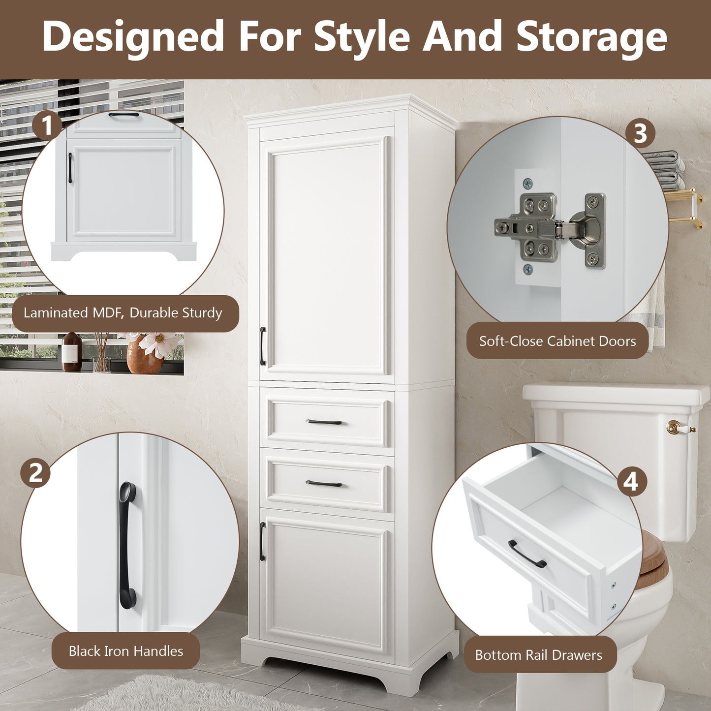 71-Inch Tall Freestanding Bathroom Vanity with Damping-Hinge Doors - White