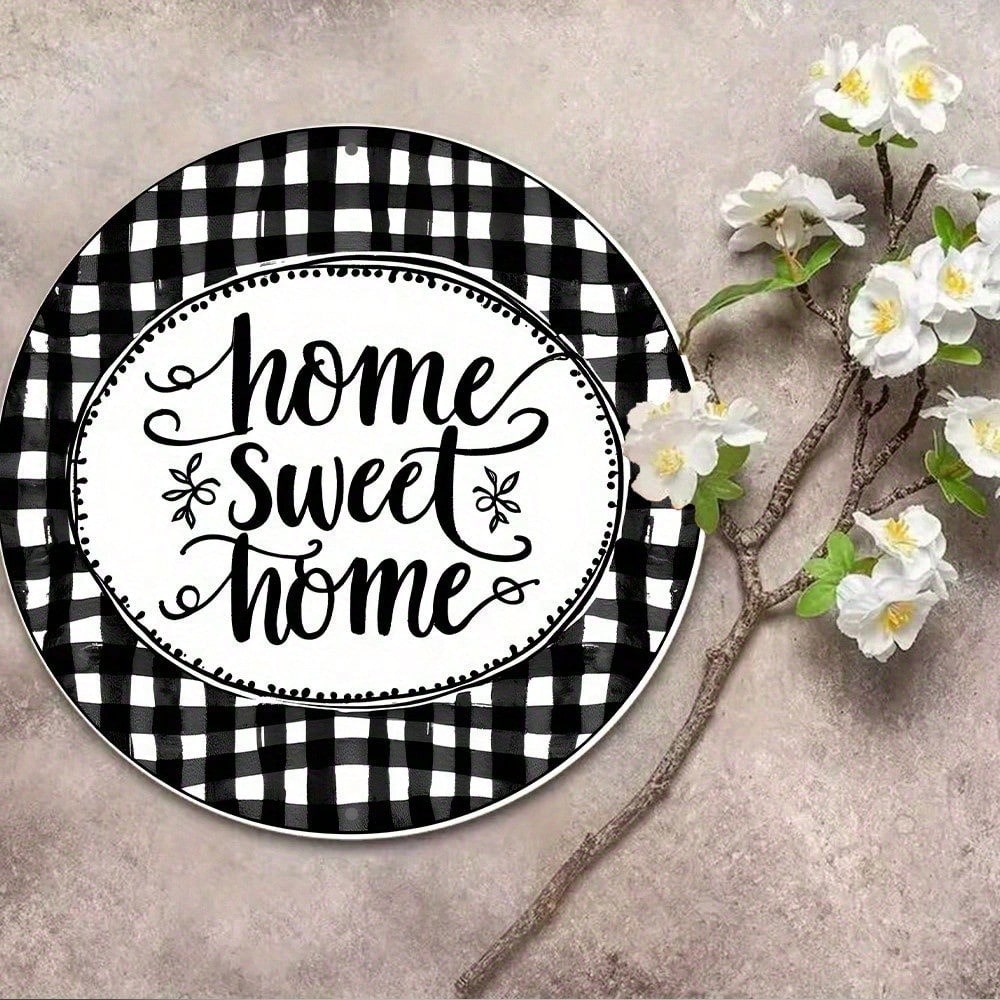 Checkered Round Metal Sign - Home Sweet Home Wreath, 8in