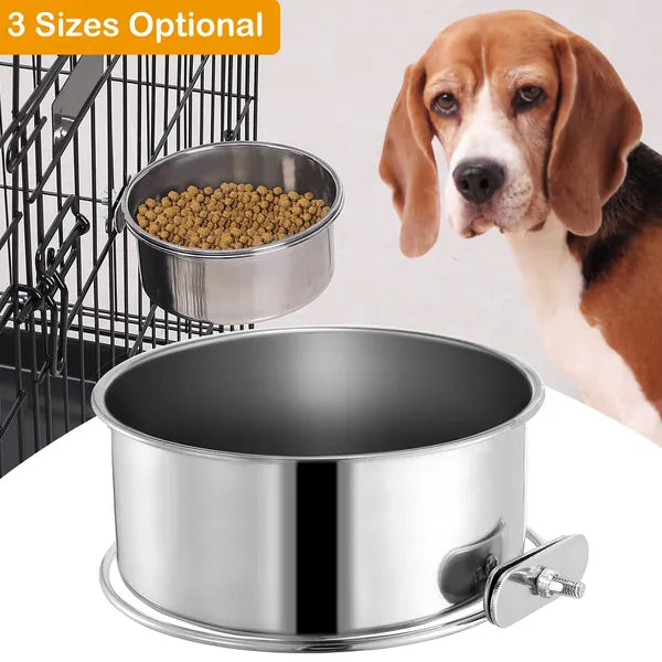 Stainless Steel Hanging Pet Food & Water Bowl with Clamp Holder - Medium