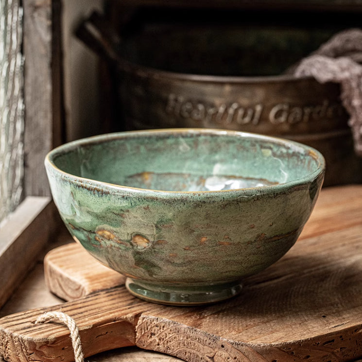 Ceramic Noodle & Rice Bowl Set - Green Glaze Kiln, 5.5 & 6.5 Inch