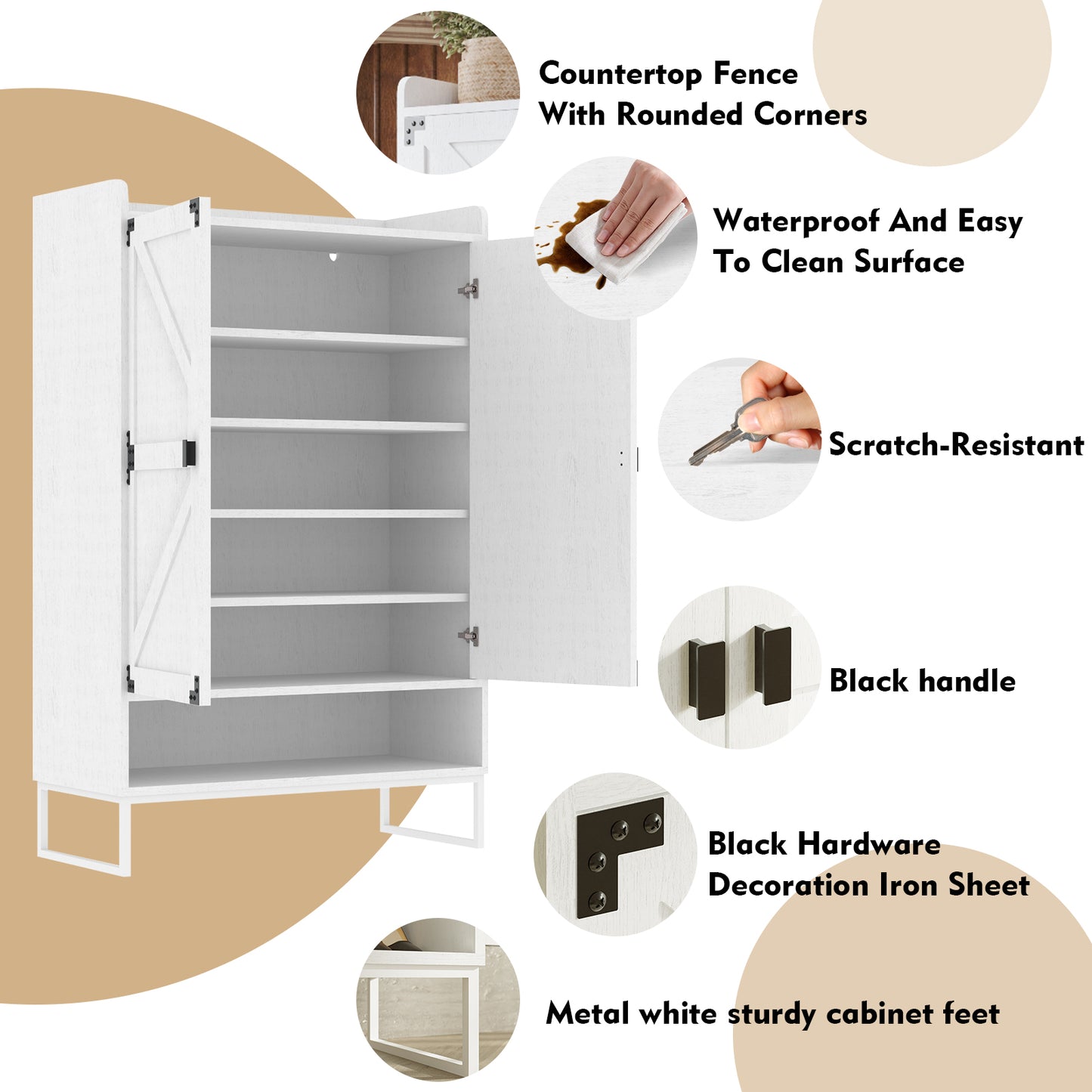 6-Tier Shoe Storage Cabinet with Doors - White Wooden Organizer