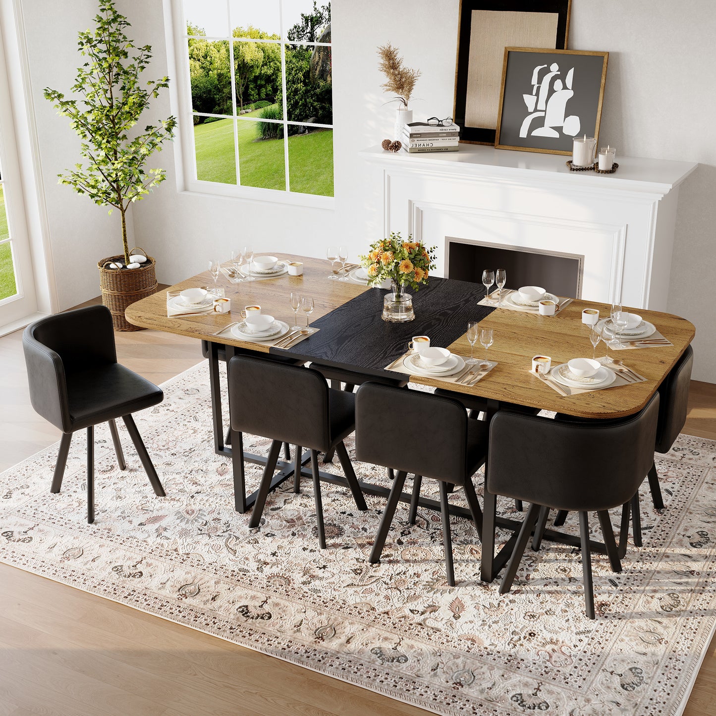 9-Piece Square Dining Table Set, Fixed Two-Tone Wood Grain & Black