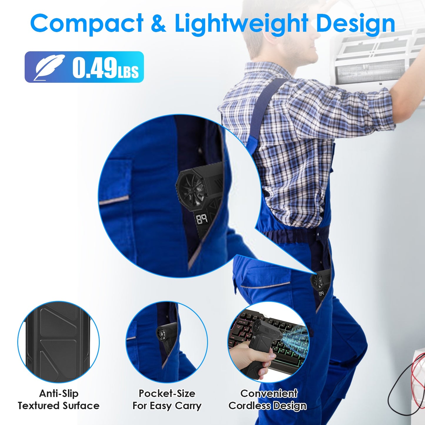 Cordless Compressed Air Duster with LED Light - 4 Speeds