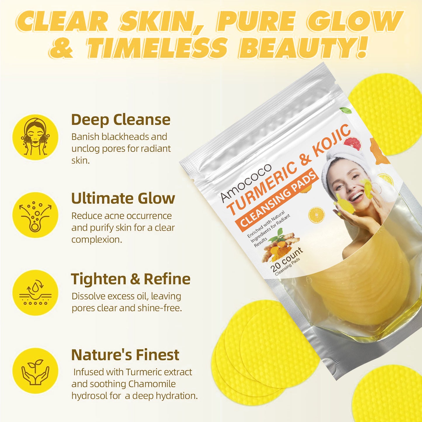 Turmeric & Kojic Acid Cleansing Pads - 20 Count Brightening Skin Exfoliator