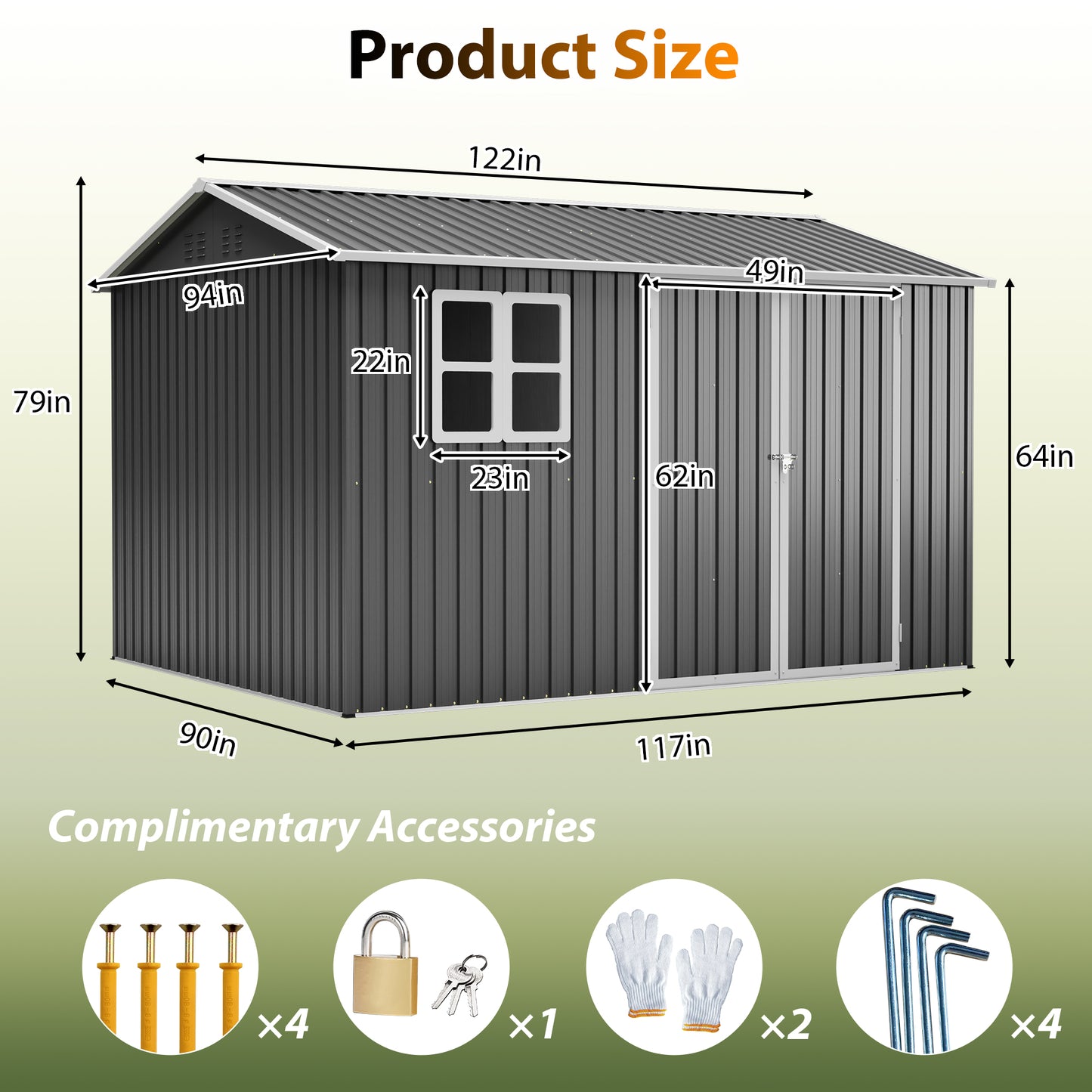 10'x8' Oversized Steel Storage Shed With Window, Lockable Doors &