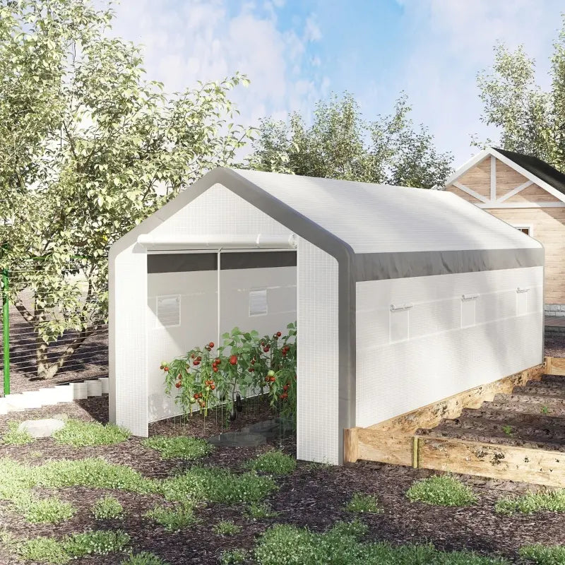 Walk-In Greenhouse with Roll-Up Windows and Weather Cover - White Garden Shelter