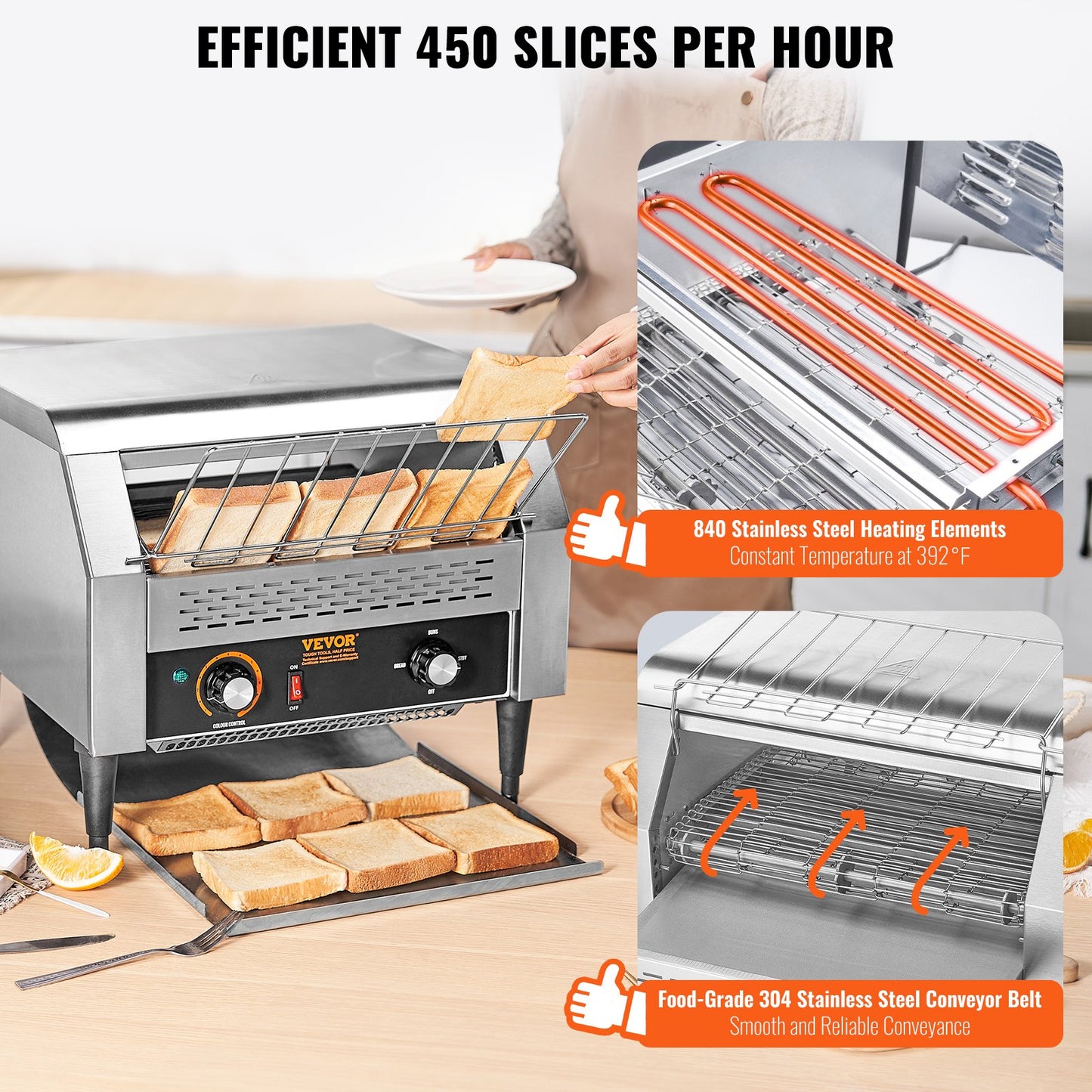 Commercial Conveyor Toaster 450 Slices/Hour Stainless Steel Restaurant Oven - Silver