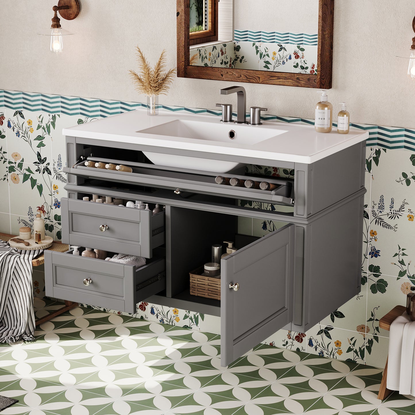 36-Inch Wall-Mounted Bathroom Vanity with Ceramic Sink & Drawers - Gray