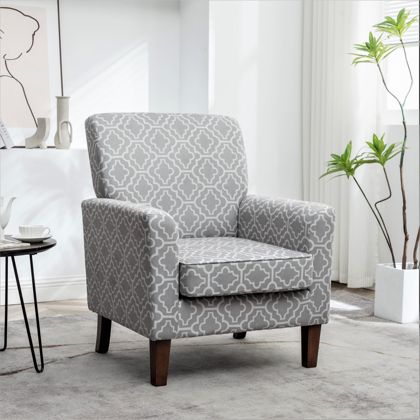 Patterned Polyester Blend Armchair, Solid Birch Wood Frame With Brown