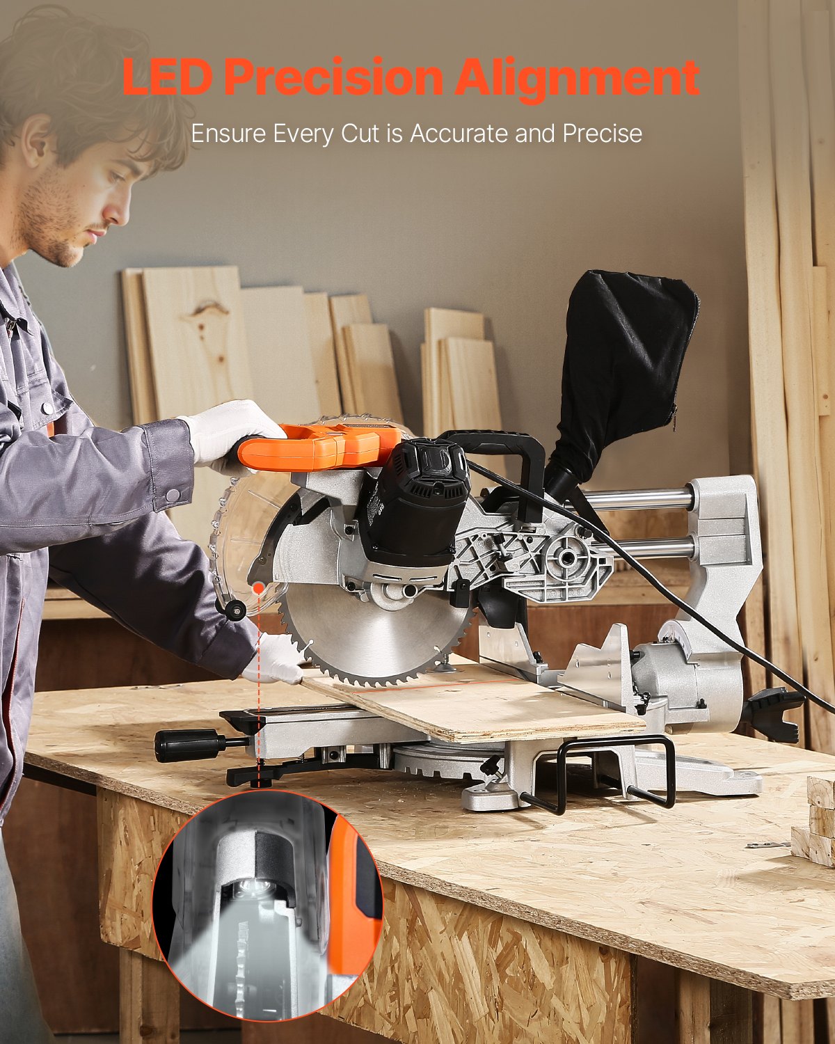 10-Inch Sliding Compound Miter Saw with LED Guide, 15 Amp Corded, Double Bevel, Metallic