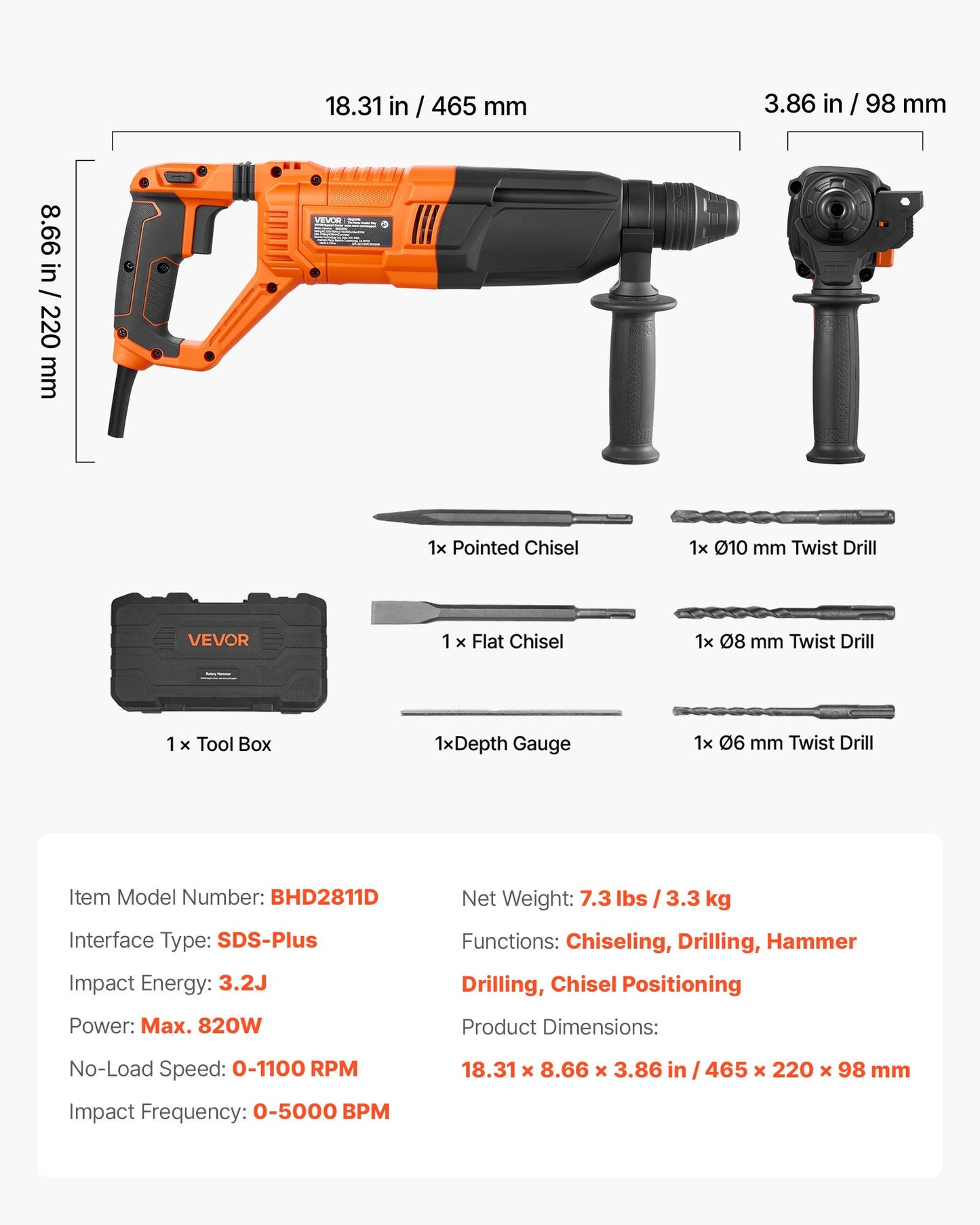 Heavy Duty Rotary Hammer Drill 1-1/8 In SDS-Plus 4 Modes Chiseling Concrete