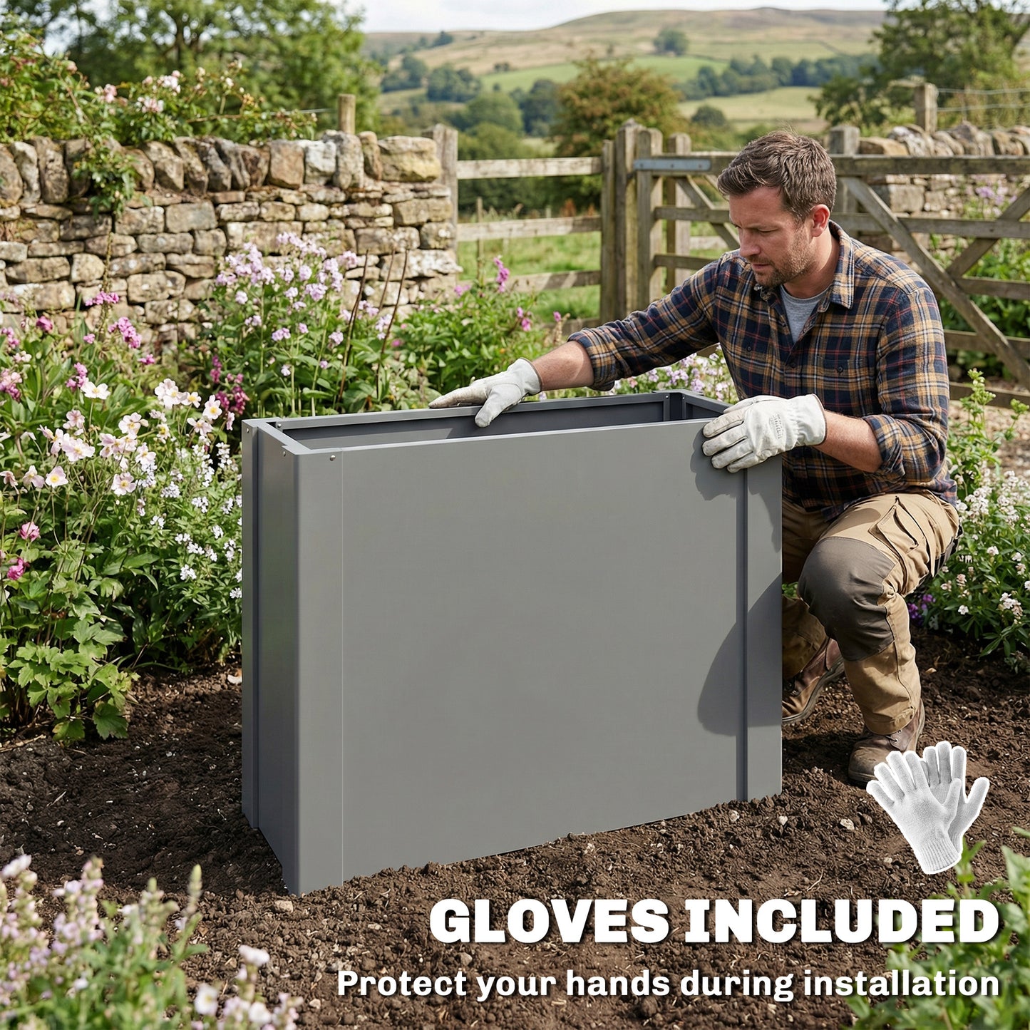 Galvanized Steel Raised Garden Bed Planter Box Outdoor with Gloves - 2.6 x 1 ft, Gray