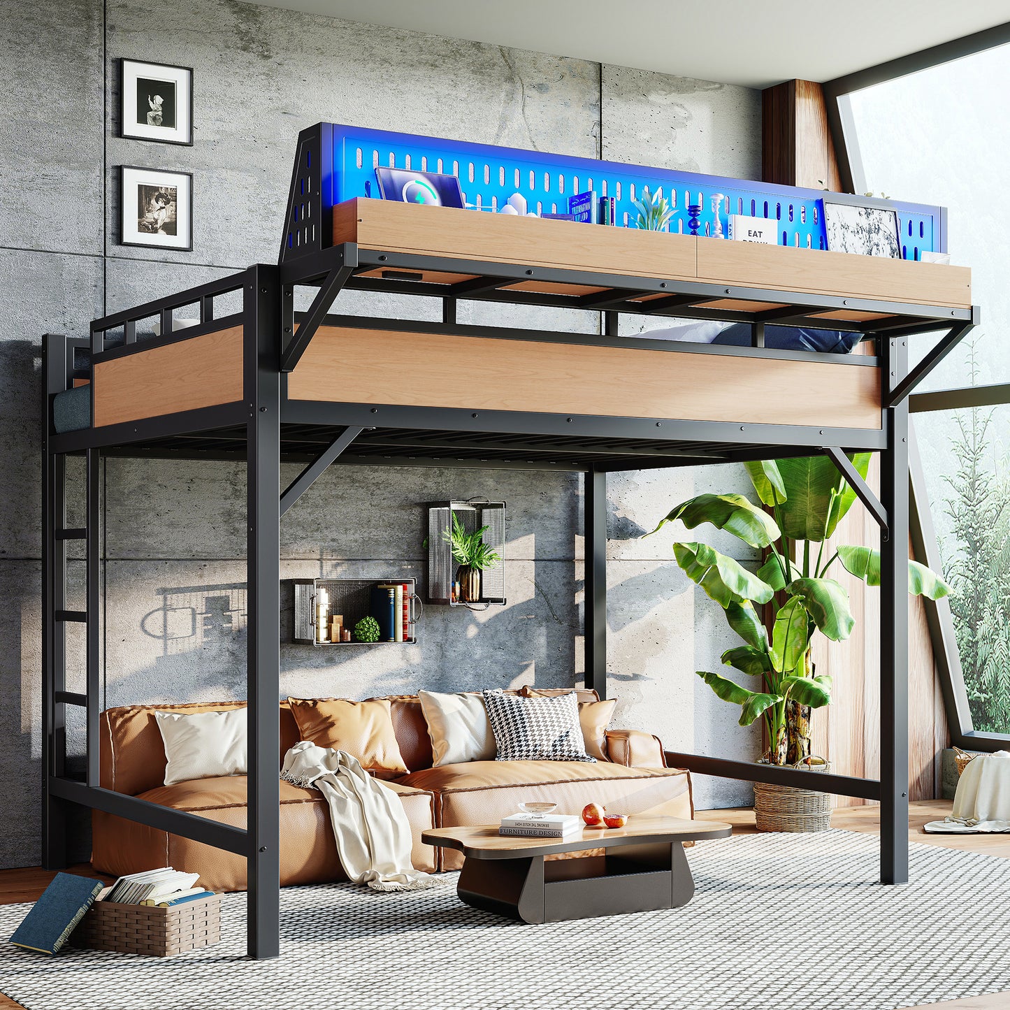 Queen Size Loft Bed Frame with Storage Shelves & USB Ports