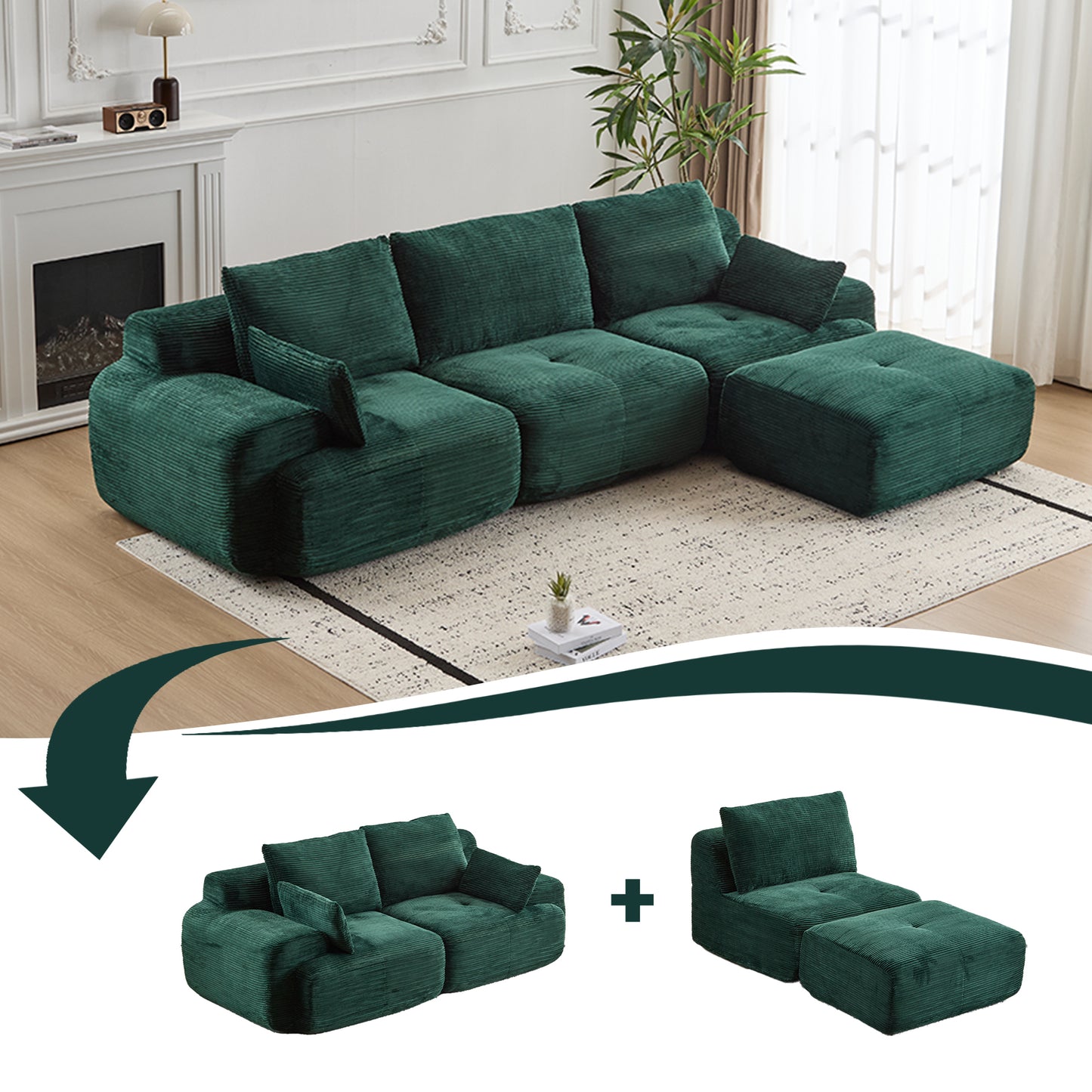 Large Green Modular Memory Foam Sectional Sofa - Pet-Friendly