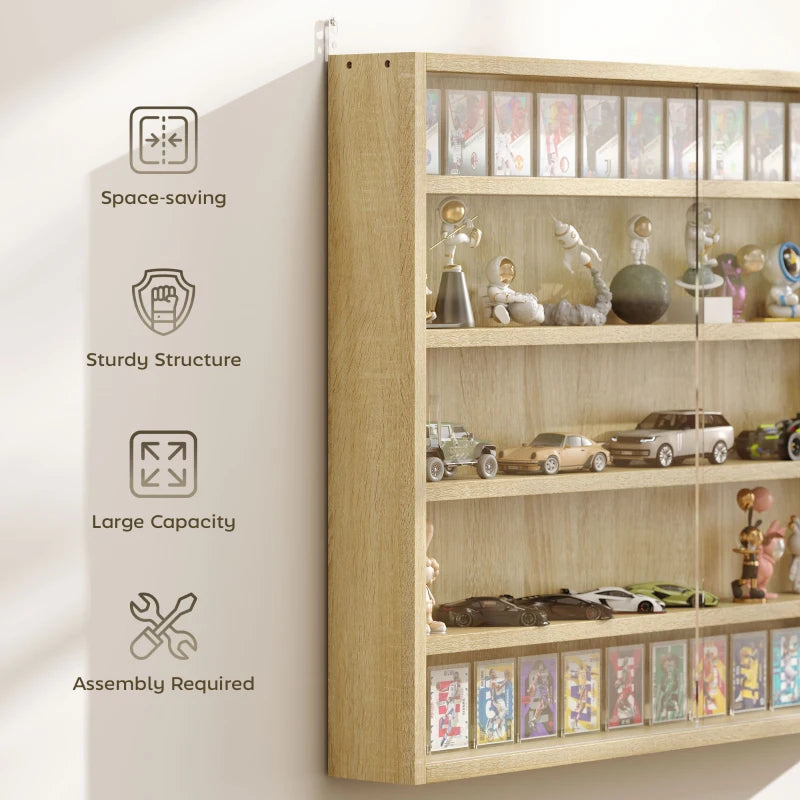 5-Tier Wall-Mounted Display Cabinet with Glass Doors - Oak
