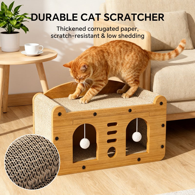 Large Double Door Cat Scratcher Sofa with 2 Teaser Balls - Yellow, 56cm