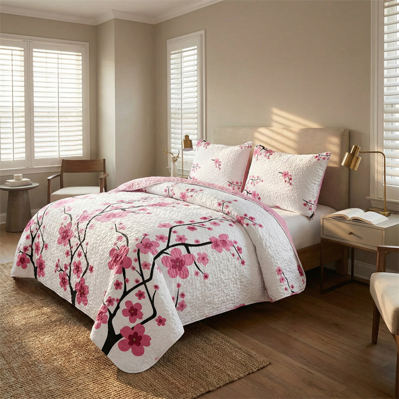 Pink Floral 5-Piece Quilt Set with Pillow Shams & Covers