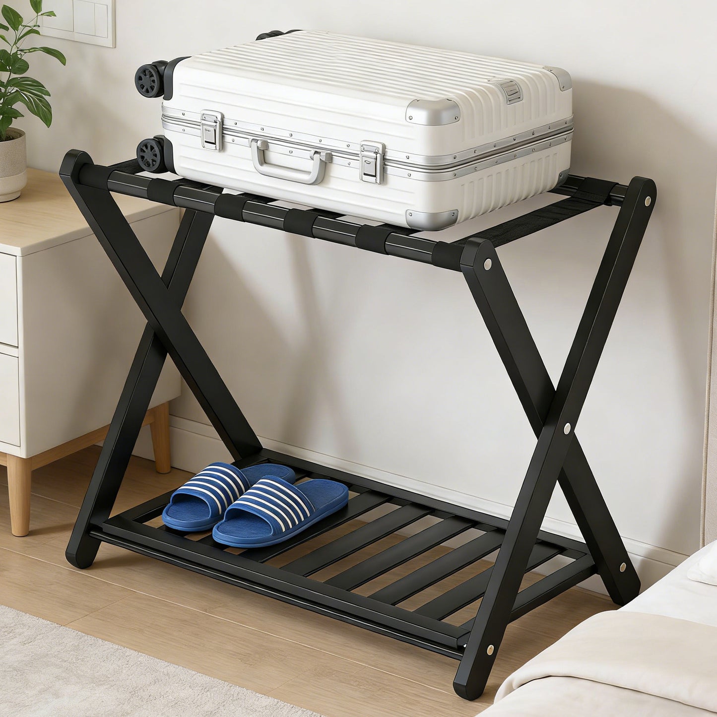 Luggage Rack Foldable Thickened Bamboo Suitcase Stand With Storage