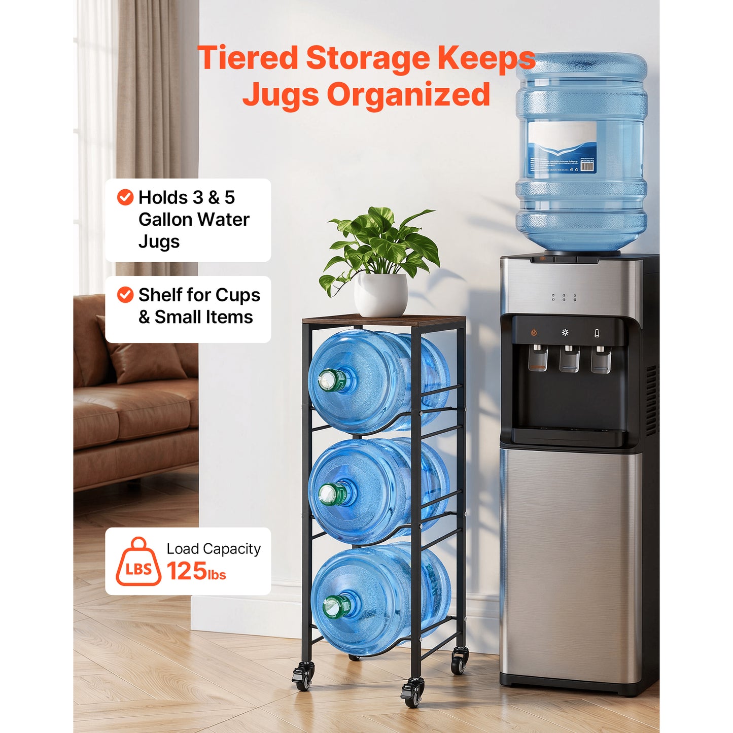 Heavy Duty Water Jug Holder Rack with 4 Tiers for 3 and 5 Gallon Bottles, Casters, Kitchen & Office Storage
