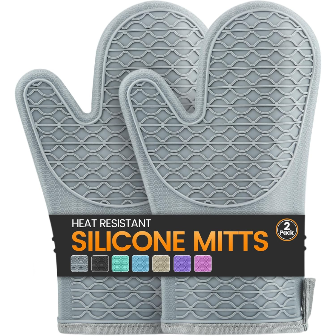 Heat Resistant Silicone Oven Mitts - 2-Pack with Cotton Lining, Non-Slip Grip, 12.5 Inch - Grey