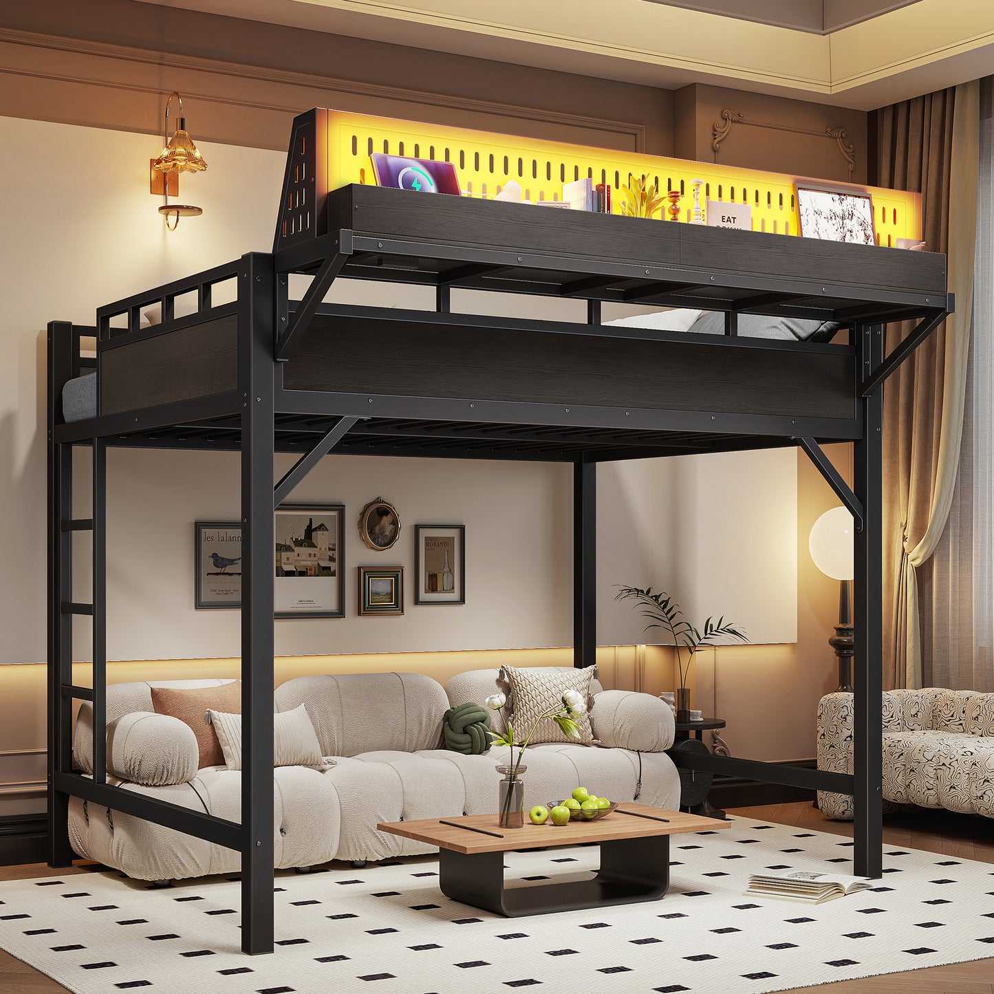 Full Size Metal Loft Bed Frame with Storage Shelves & USB Ports