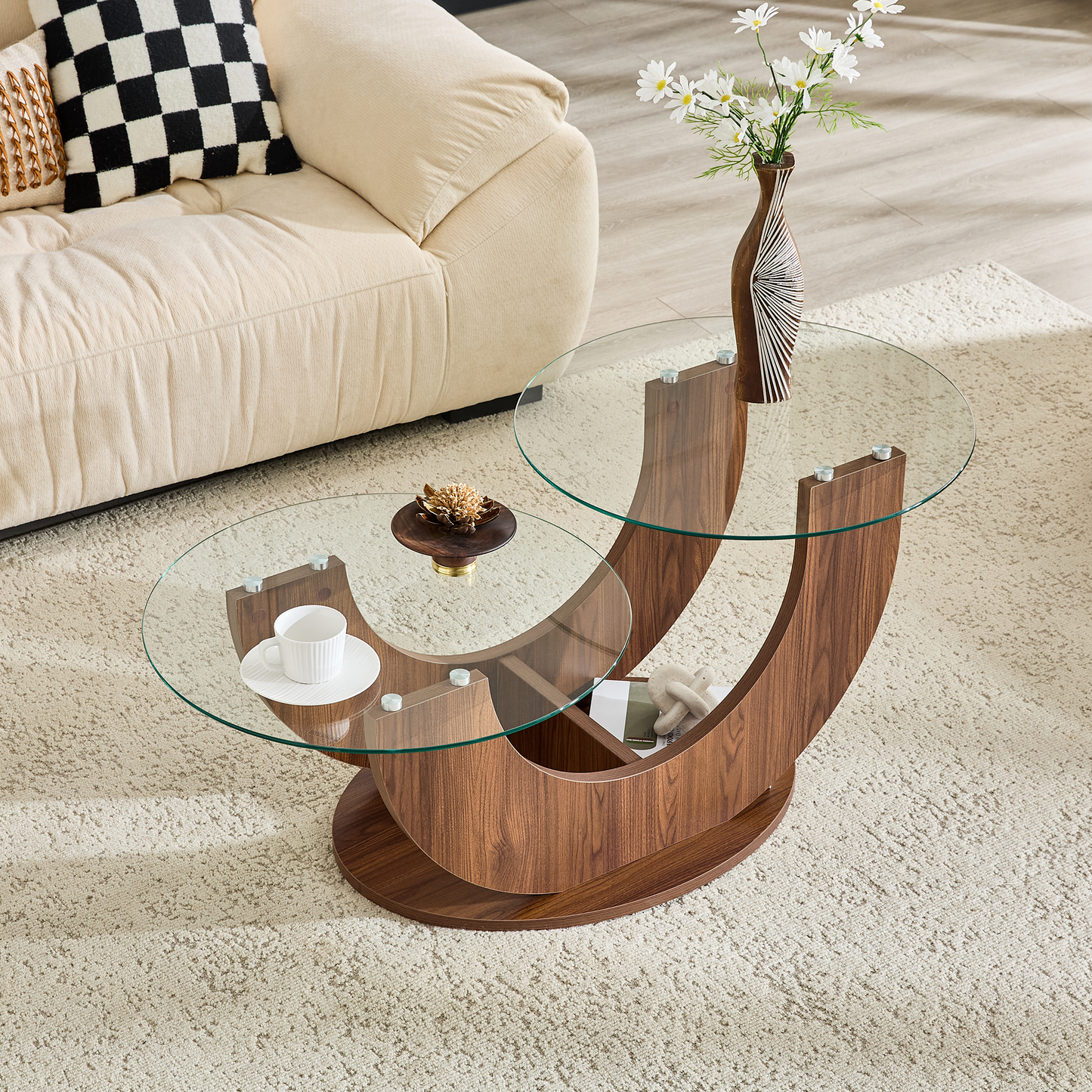 U-Shaped Double-Tier Glass Coffee Table with Walnut MDF Base