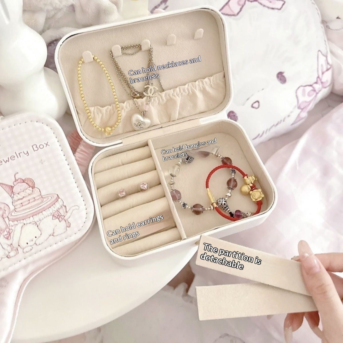 Portable Jewelry Storage Box with Cartoon Design - White