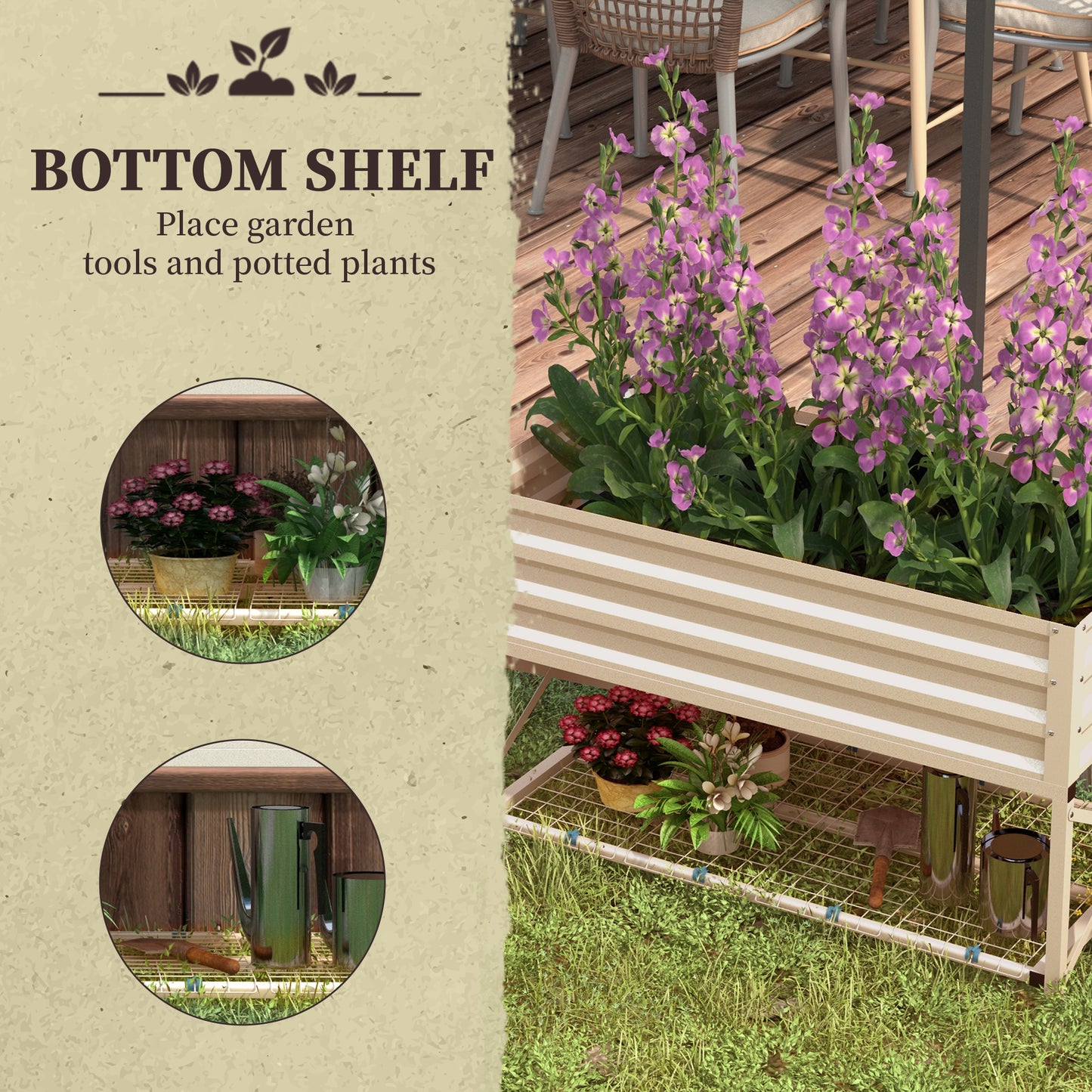 Galvanized Raised Garden Bed with Legs and Storage Shelf - Cream, 41x21 Inches