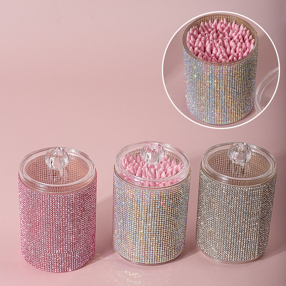 Diamond-Embellished Cotton Swab Storage Box - Home Organization
