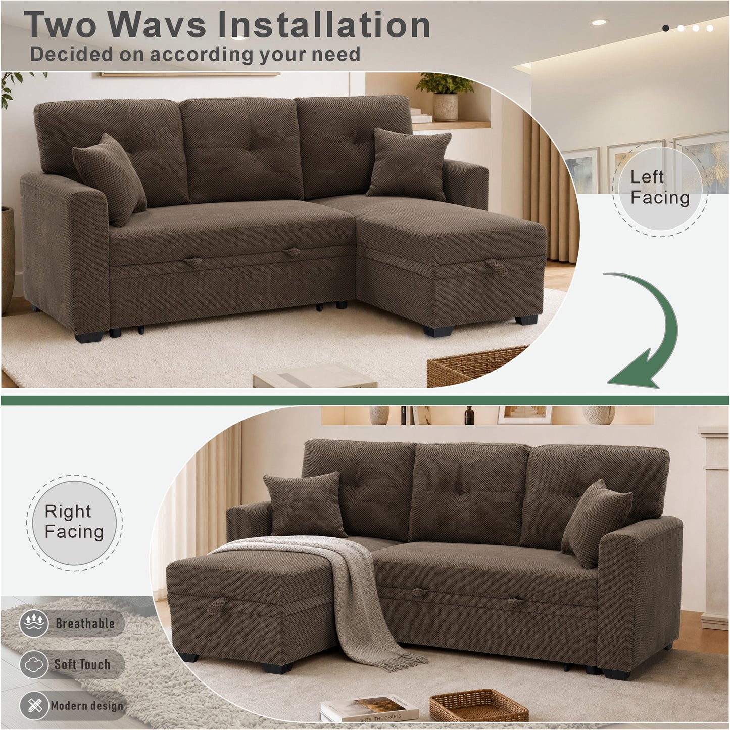 Reversible Chaise Sleeper Sofa Bed with Storage - Coffee