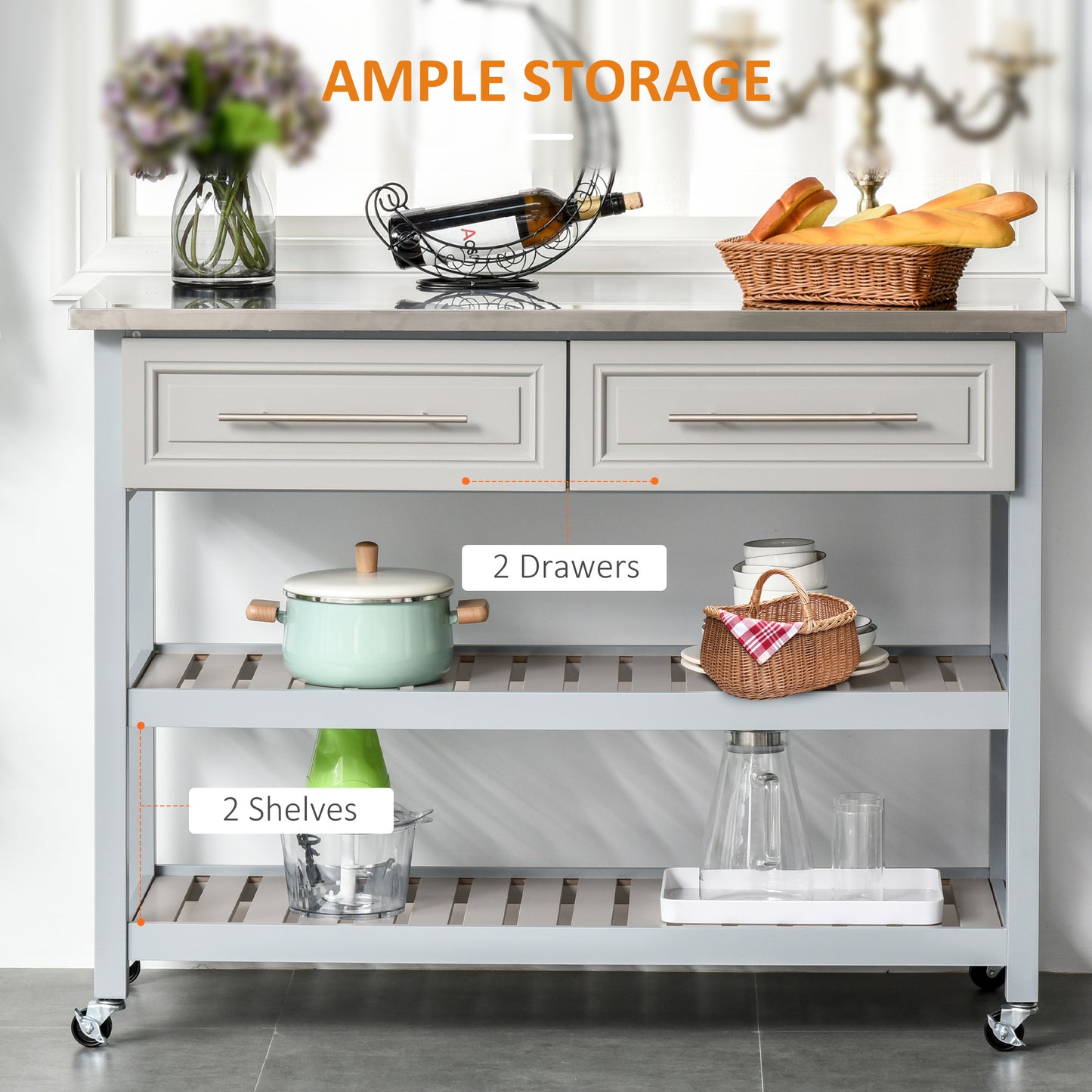 Kitchen Island Cart with Stainless Steel Top & Storage - Light Gray