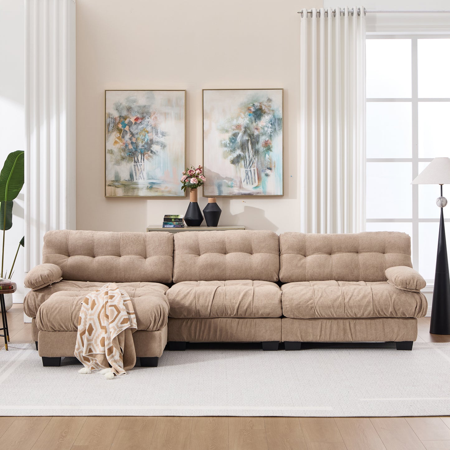 Modular Sectional Sofa with Movable Ottoman - Light Brown