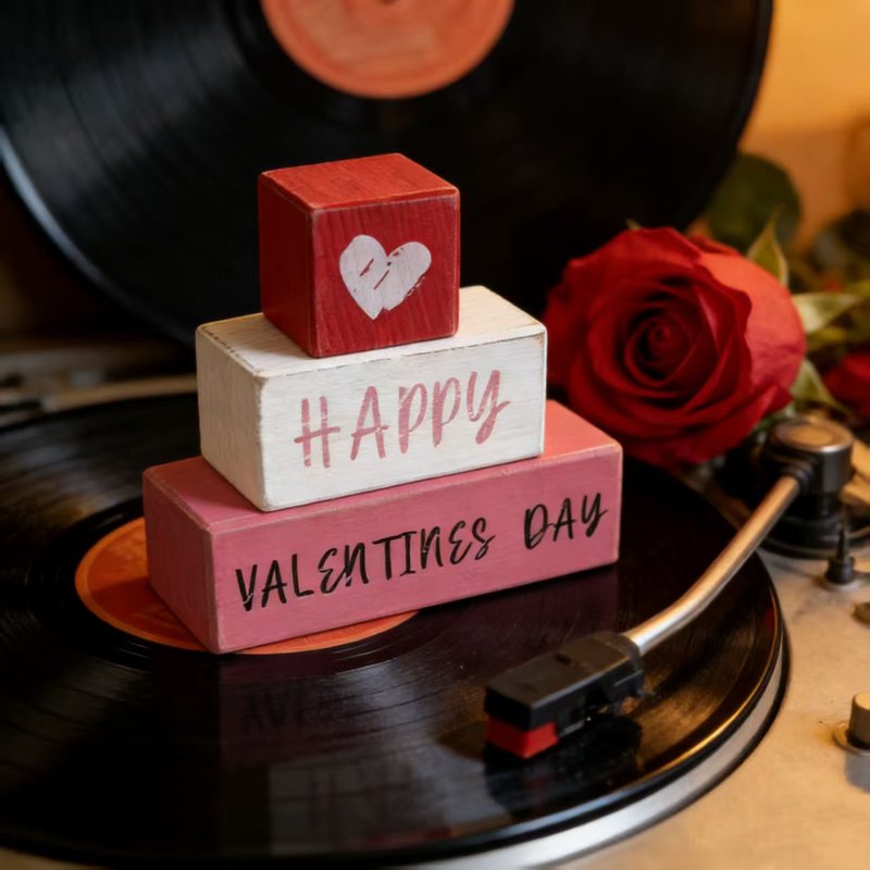 Valentine's Day Wooden Block Sign - Romantic Table Decor & Photo Prop