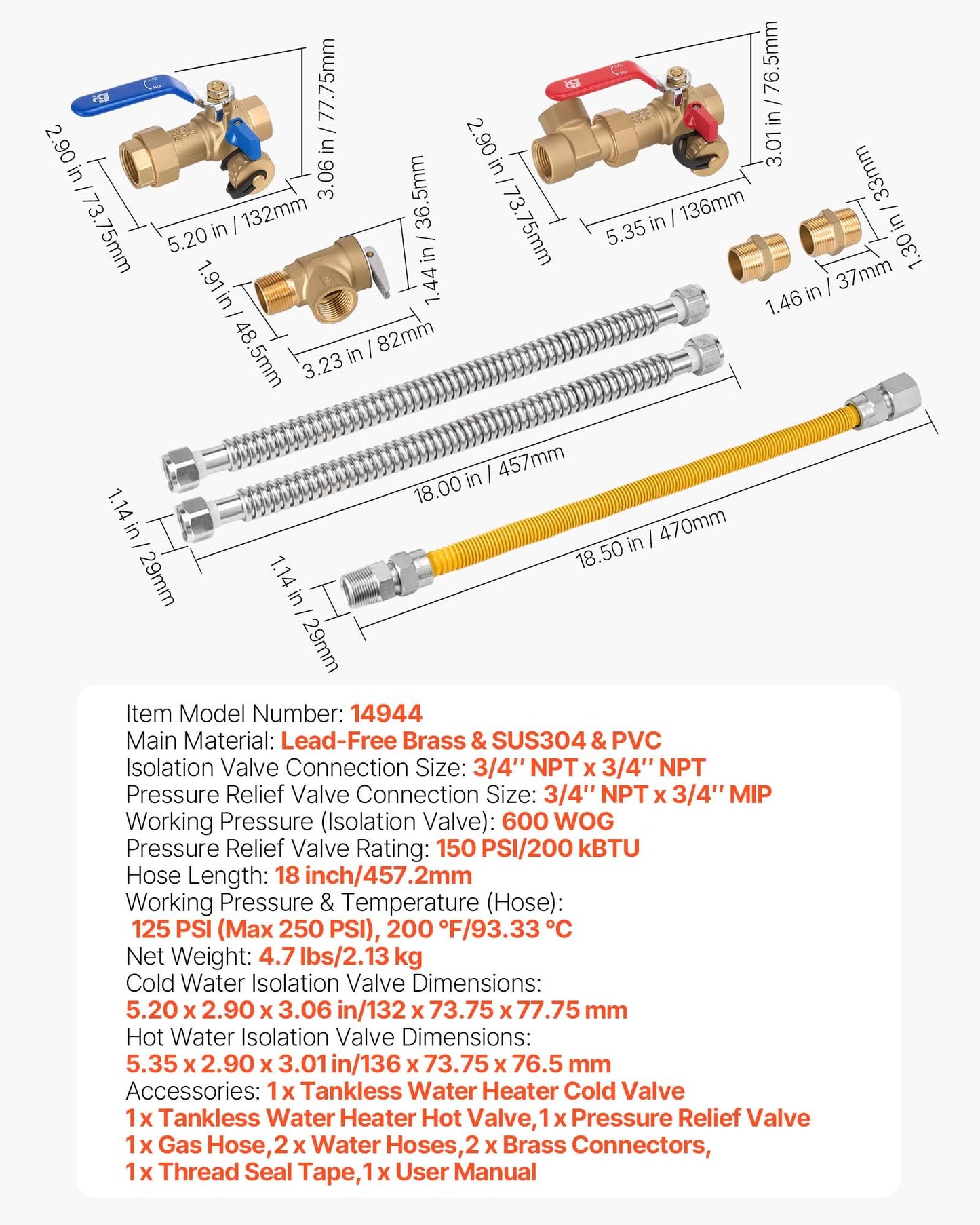 Water Heater Repair Kit with 3/4 Inch Valves and Gas Hoses - Universal Installation