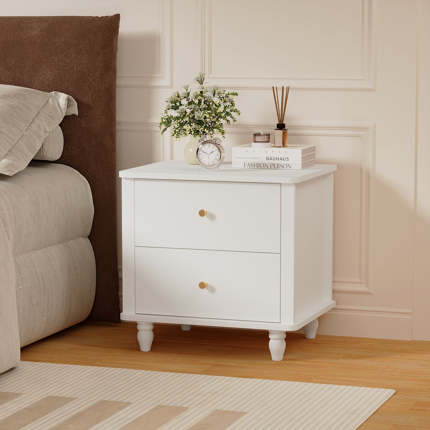 Modern White 2-Drawer Nightstand - MDF Bedside Table
