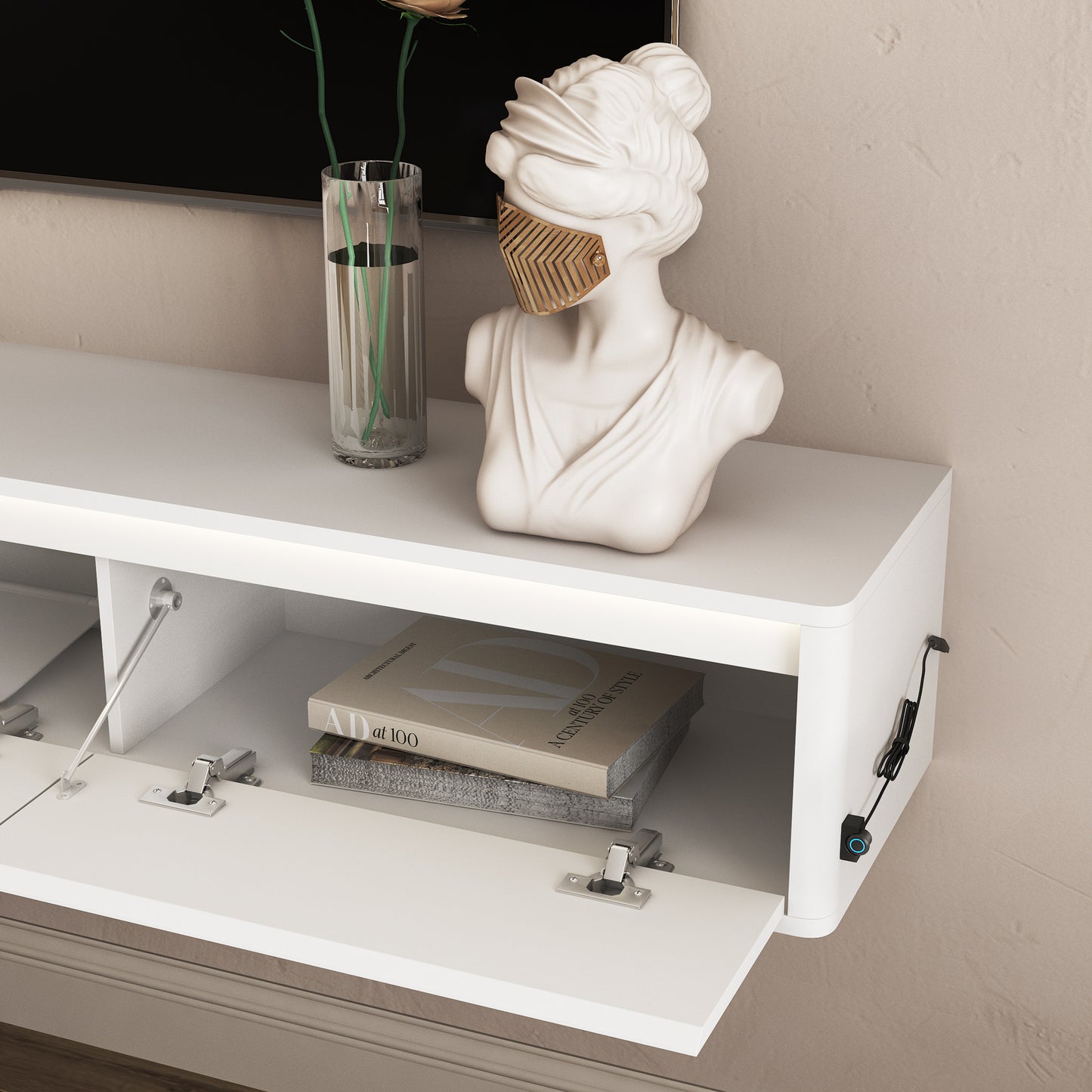 Floating TV Stand with LED Lights & Power Outlet - White