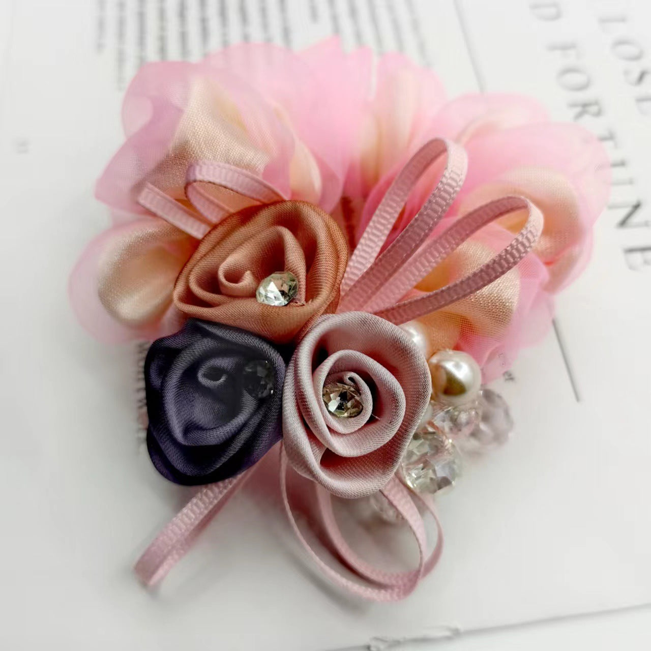 Large Intestine Flower Scrunchies with Rhinestones & Pearls – Hair Accessories for Women
