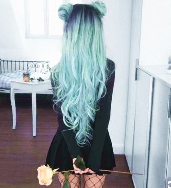 Black Mint Green Synthetic Wig - Long Curled Split Fiber Hair Extension