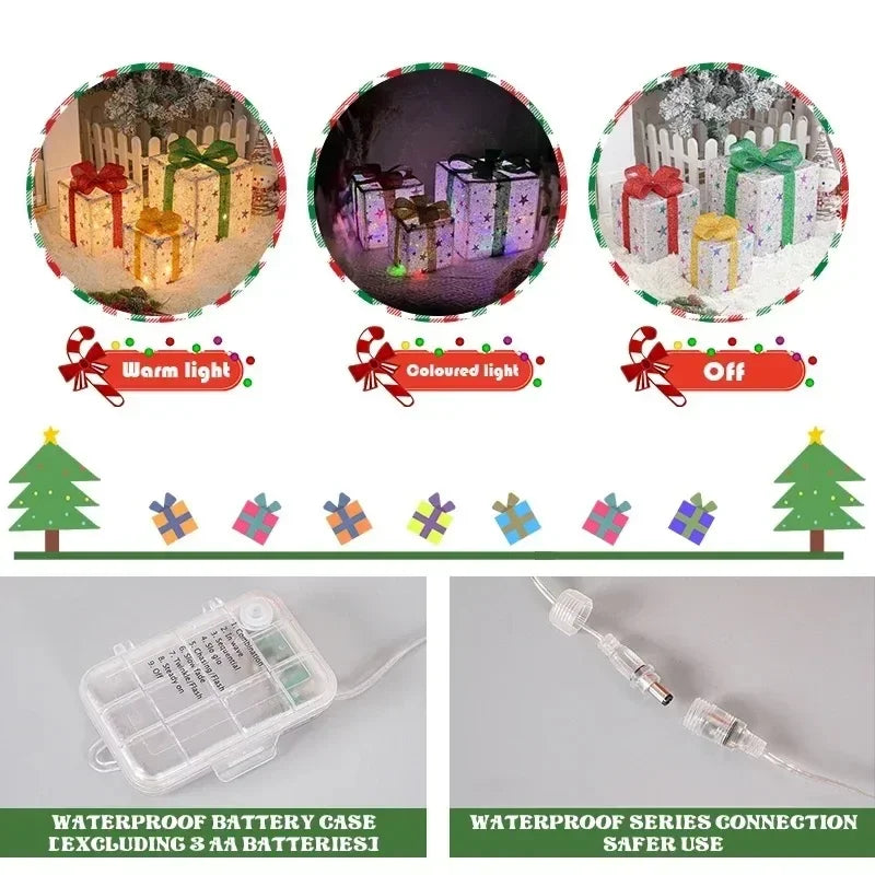 Lighted Christmas Gift Boxes Set of 3 with Remote & Bow Decor - Indoor Outdoor Holiday Decor