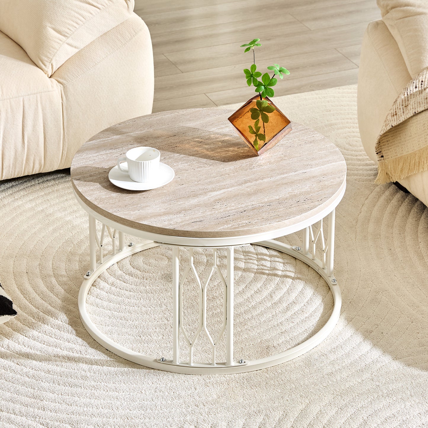 Round MDF Coffee Table with Stone-Effect Texture - 27.5"
