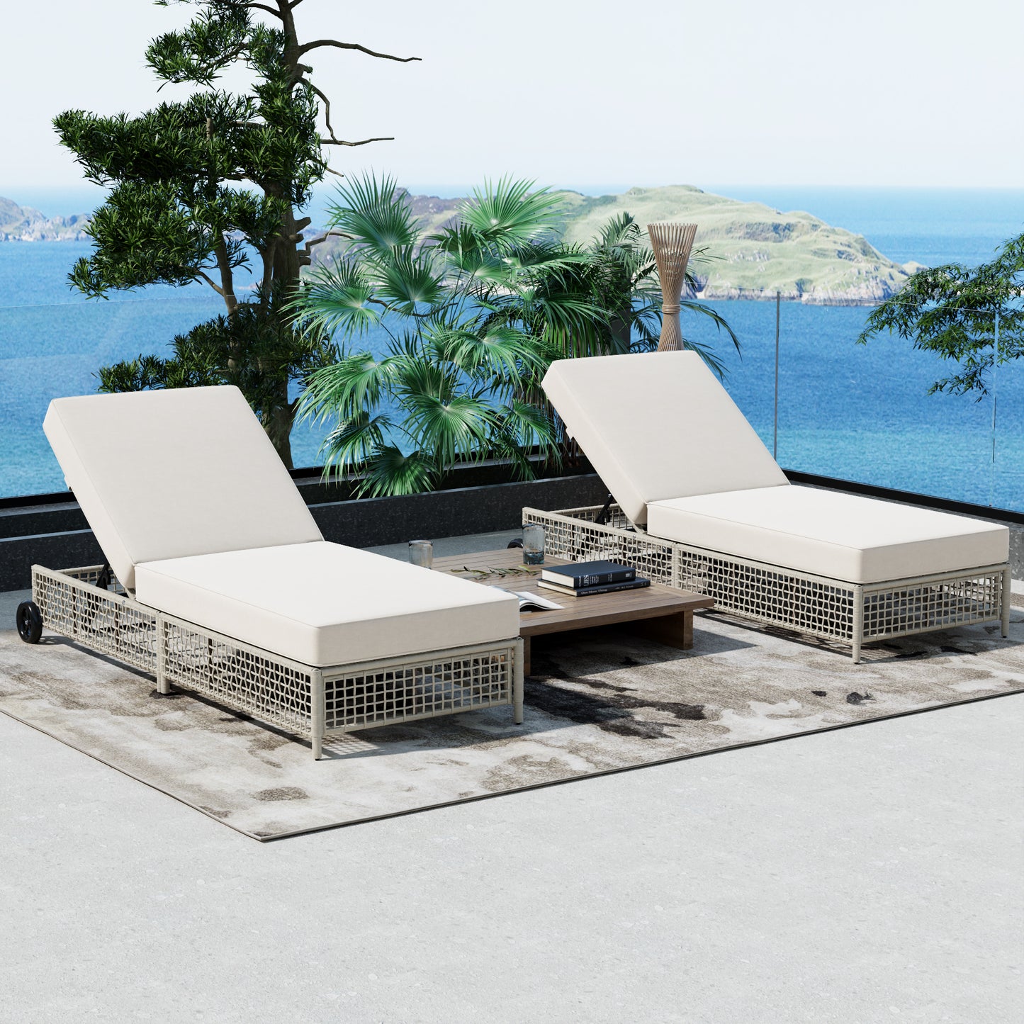 Outdoor Lounge Chair with 5-Position Backrest & Wheels - Beige Cushion