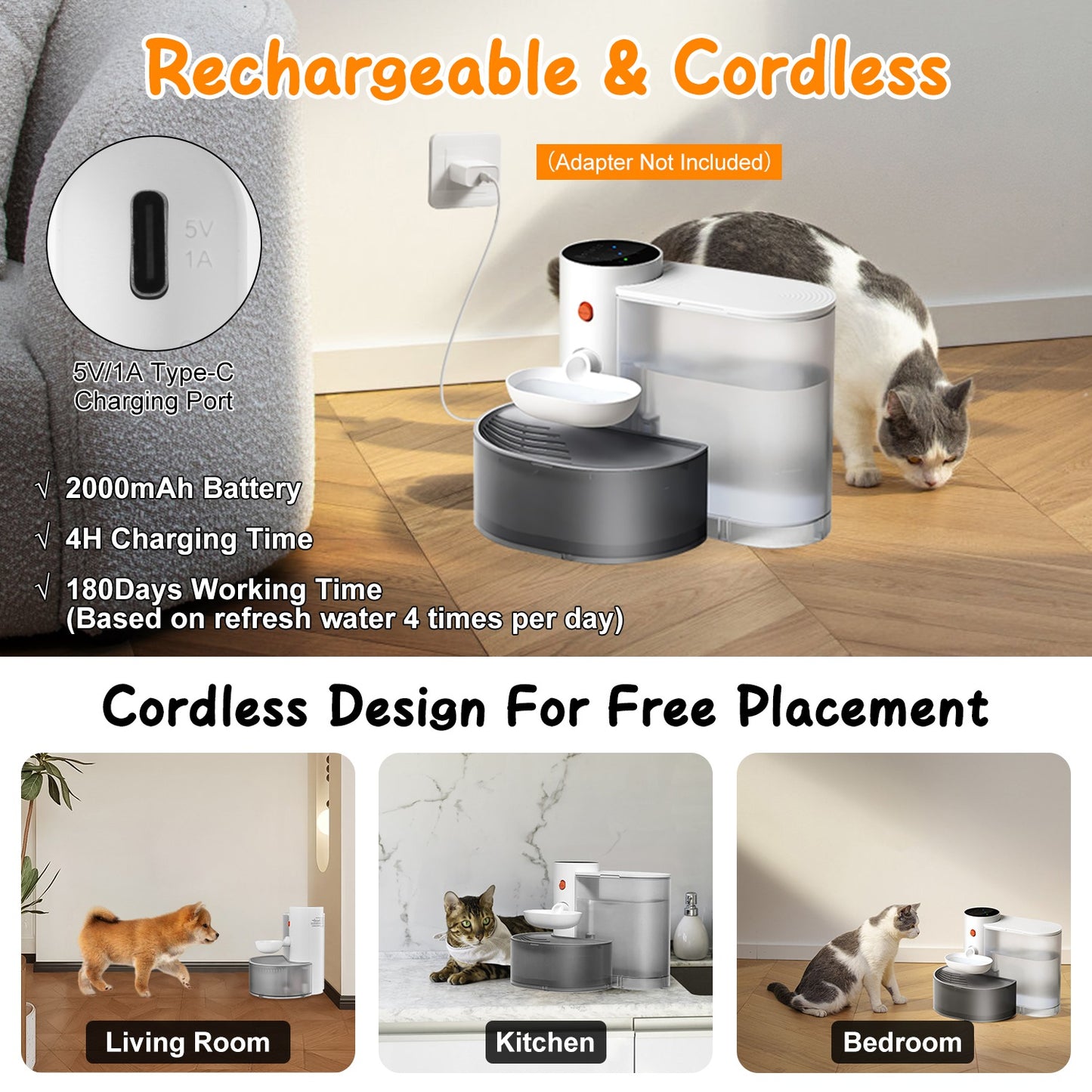 Automatic Pet Water Fountain 3L Rechargeable Cat & Small Dog Dispenser
