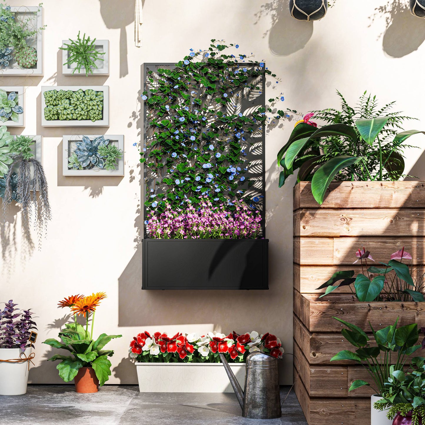 Metal Garden Bed with Trellis for Climbing Plants - Freestanding or Wall Mountable, Black 960x680mm