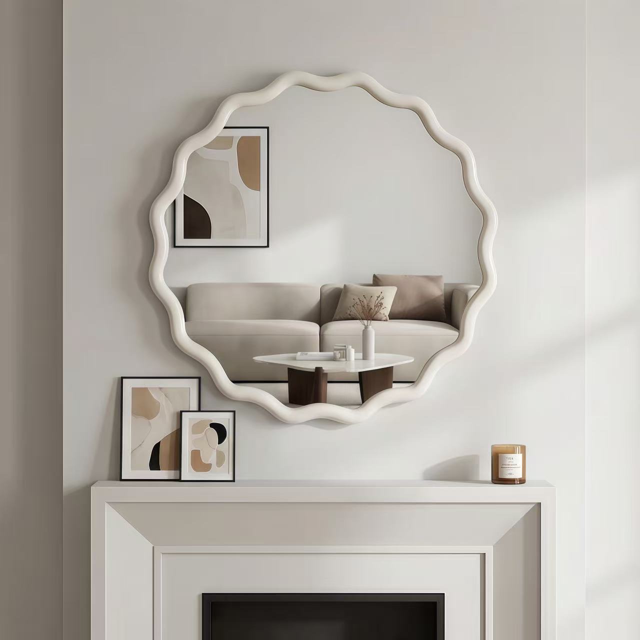 24 Inch Wavy Round Solid Wood Frame Decorative Mirror - White