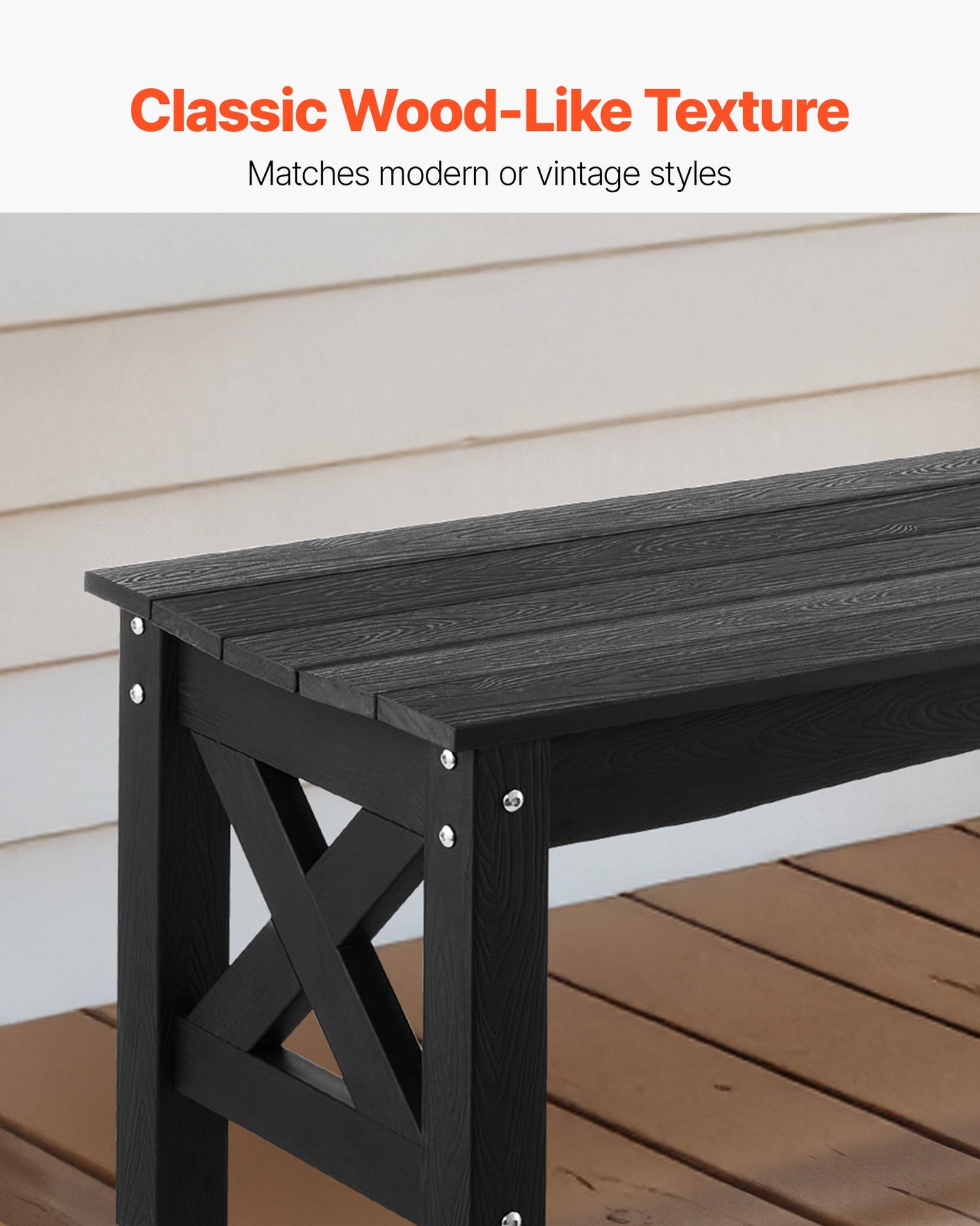 Weatherproof Outdoor Bench 44.5 Inch Plastic Patio Seating Black Supports 600 Lbs