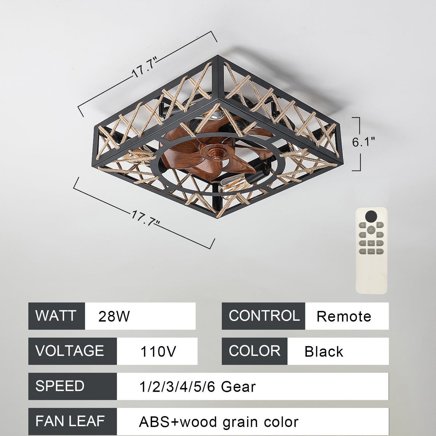 Rustic Ceiling Fan with Remote Control - 6 Speed, Noiseless DC Motor