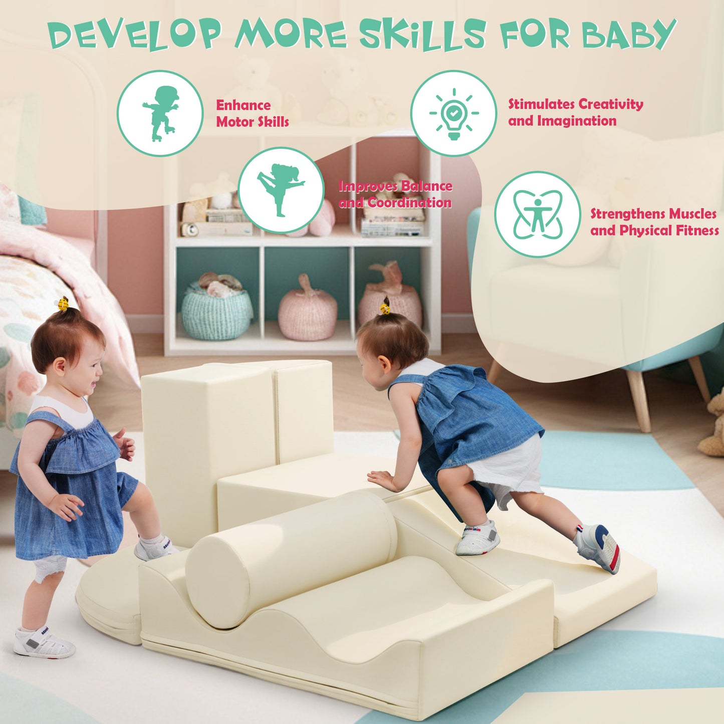 7-Piece Indoor Climbing Foam Play Set for Toddlers - Beige