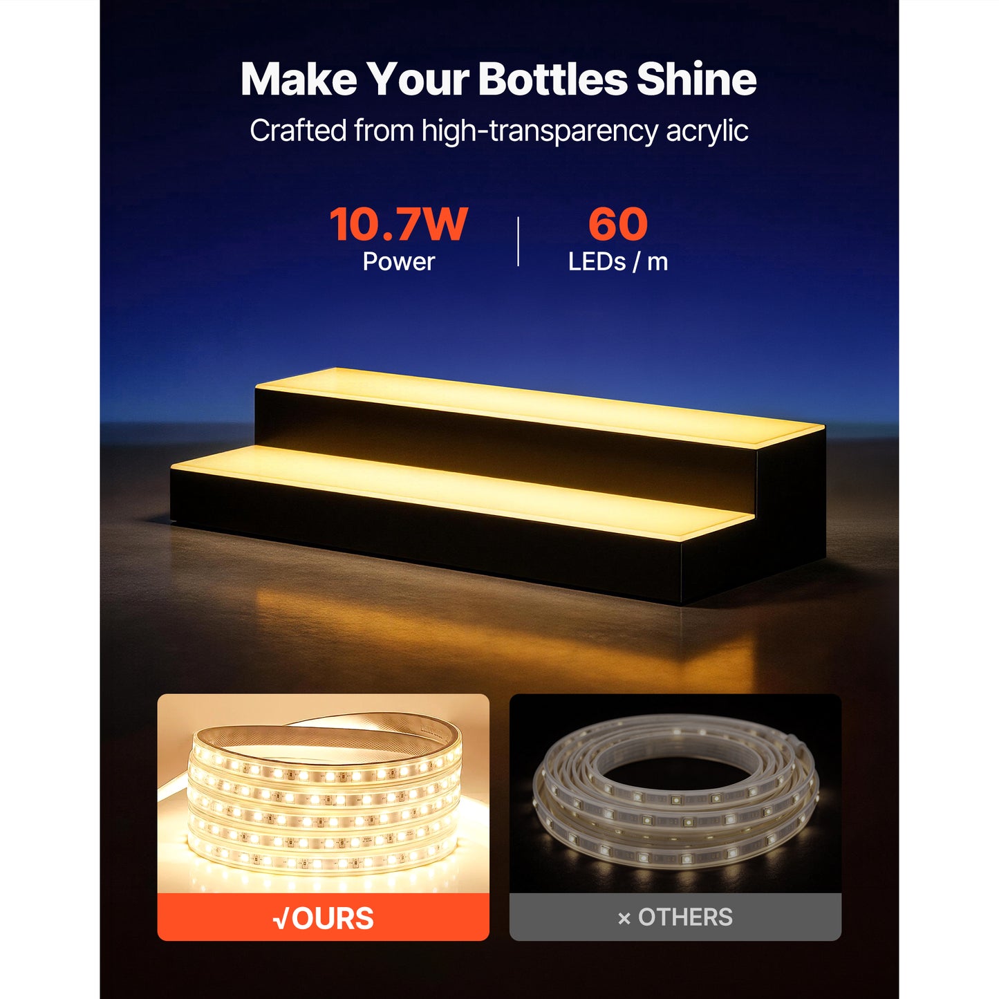 LED Lighted Liquor Bottle Display Shelf 2 Tiers 24 Inches USB Remote App Control