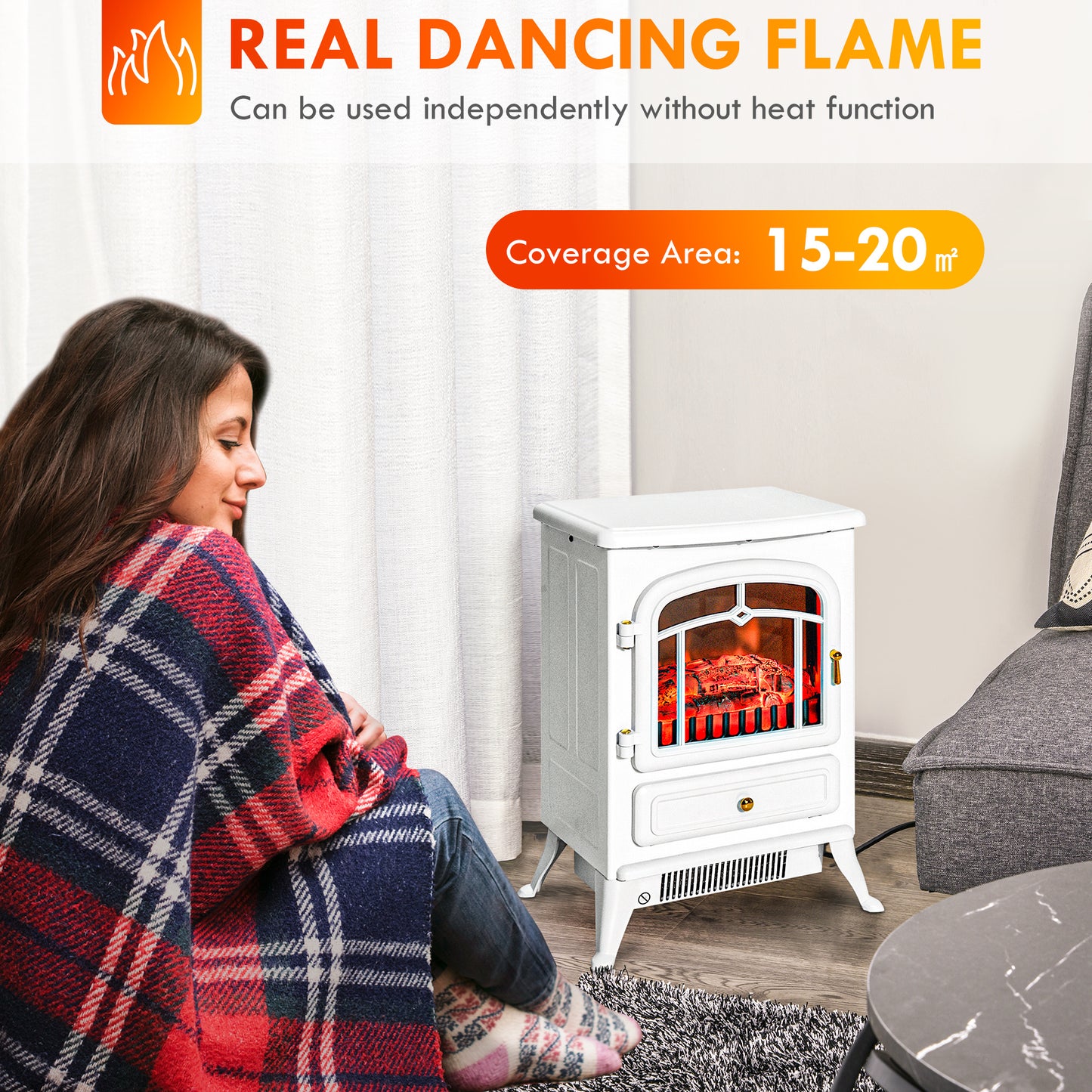 Electric Fireplace Heater with Realistic LED Flame and Logs - White, 725W/1450W